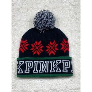 VS PINK Fair Isle pompom winter hat Beanie black red one size